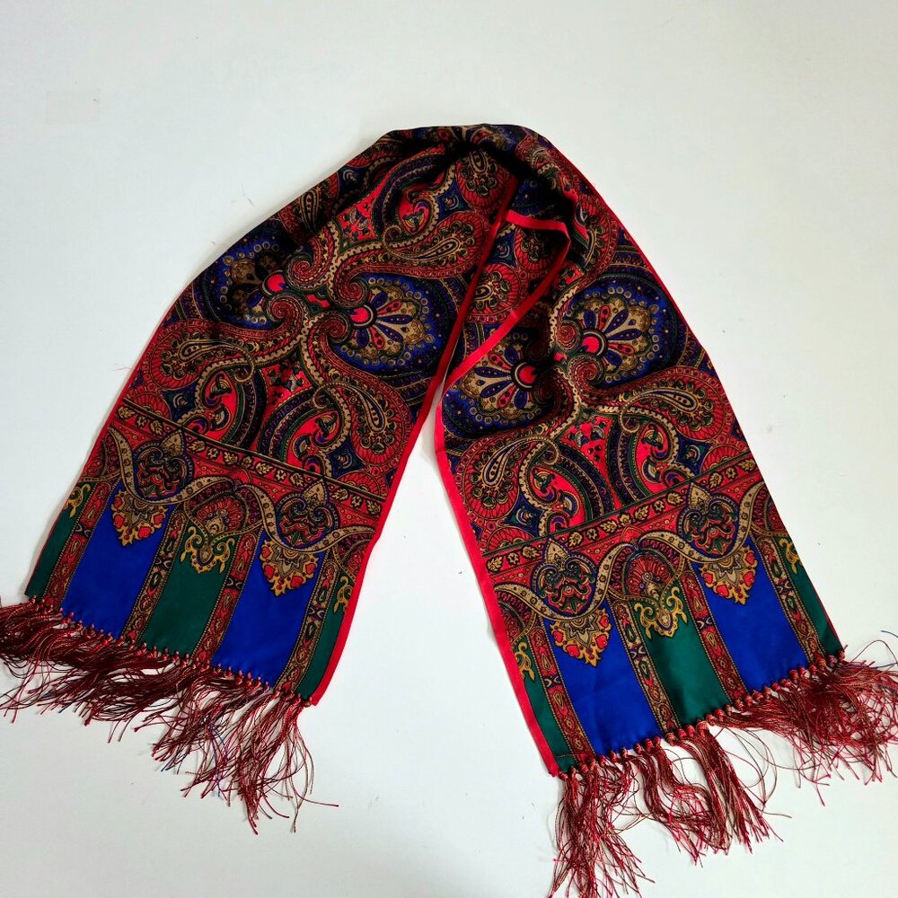 Bill Blass Satin Scarf with Tassels Silk (?) Scarf Paisley